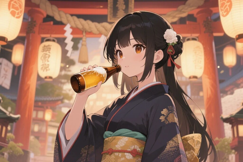 瓶ビールを飲むお行儀の悪いさくらちゃん