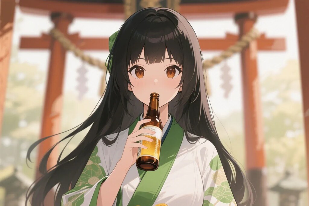 瓶ビールを飲むお行儀の悪いさくらちゃん