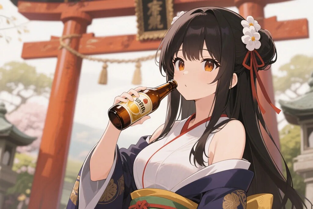 瓶ビールを飲むお行儀の悪いさくらちゃん