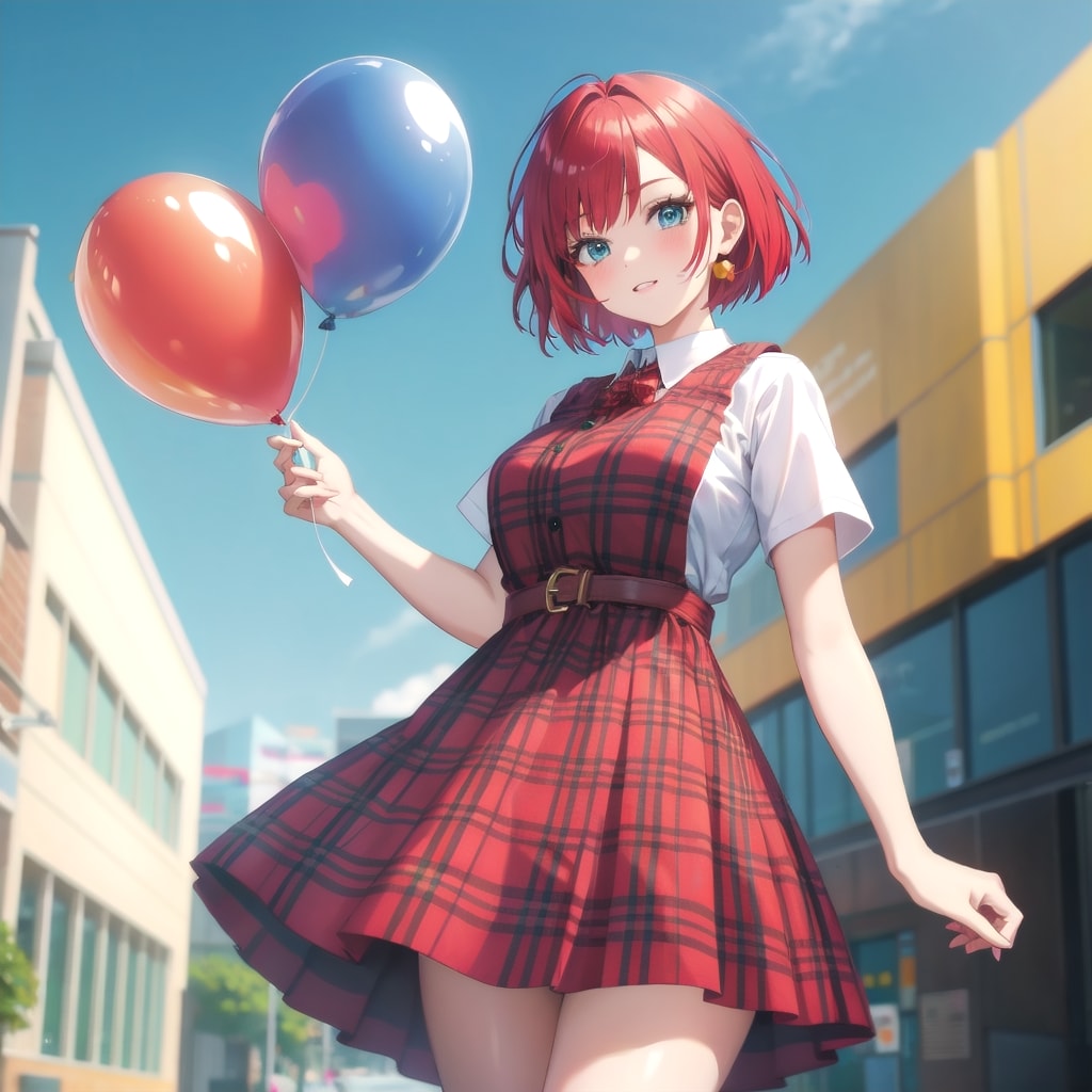 2つ風船を持つ赤い髪ショートカットのタータンチェック柄の服着た美少女 | の人気AIイラスト・グラビア