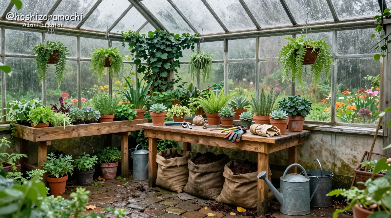 雨上がりの温室で育む緑の楽園 | の人気AIイラスト・グラビア