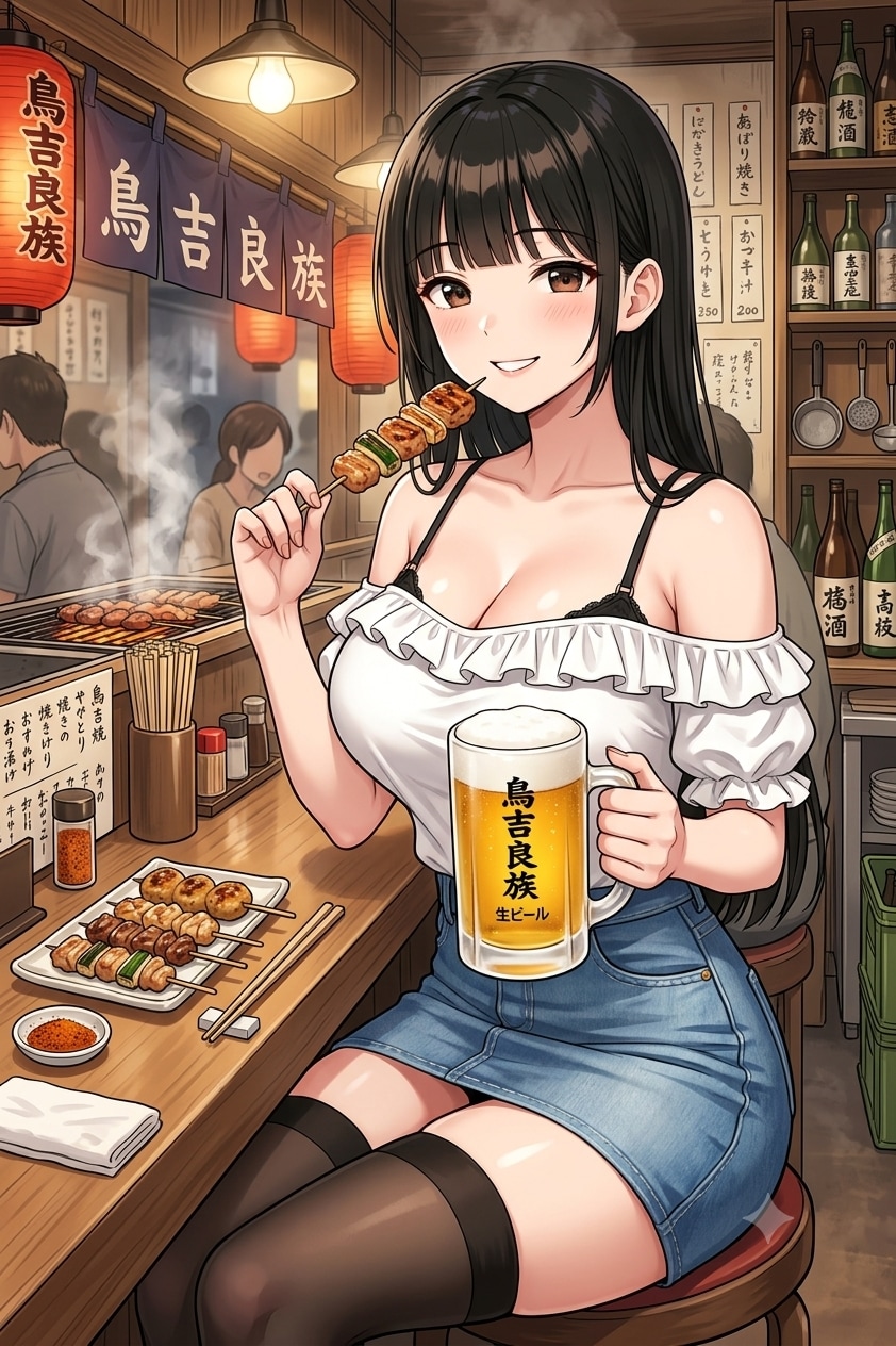 焼き鳥屋で呑むサキちゃん