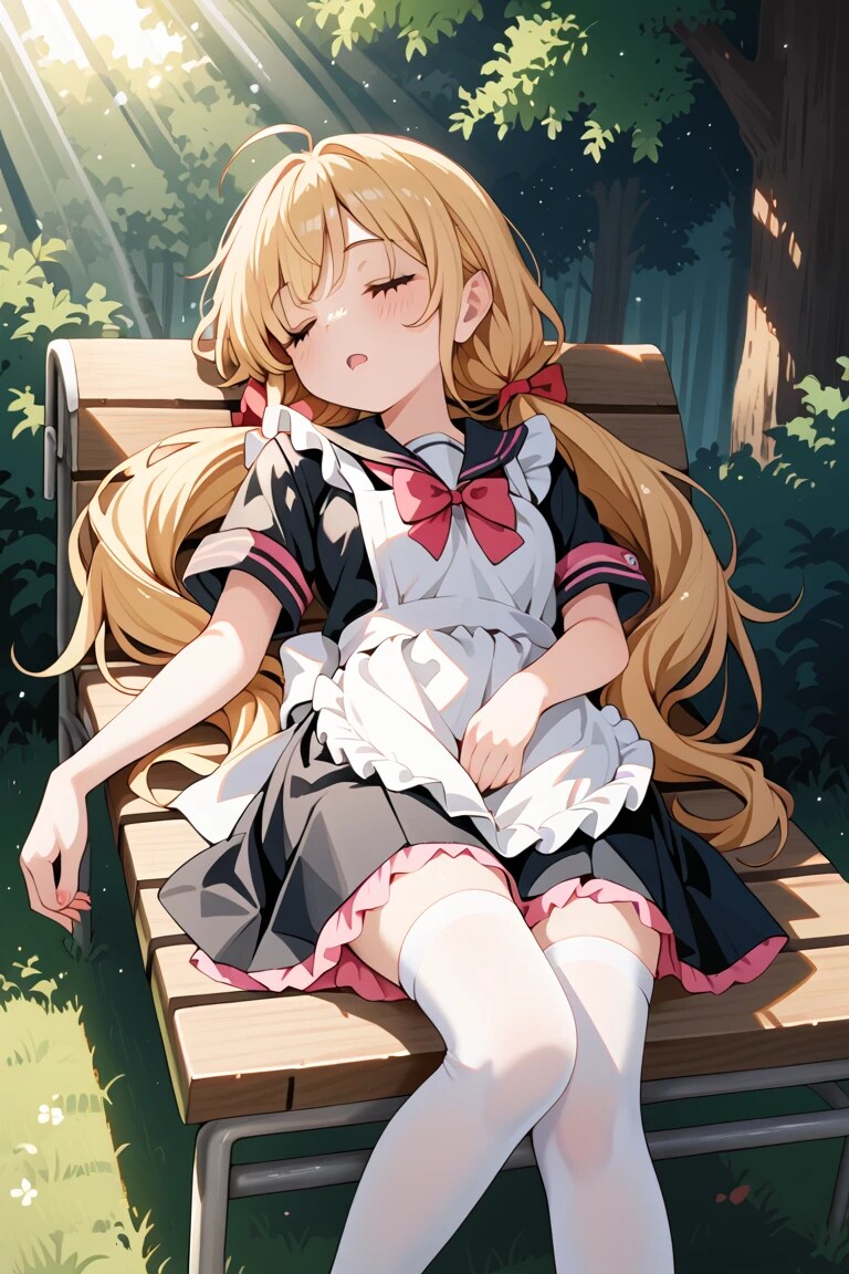 森のベンチで幸せそうな寝顔♡ 金髪ツインテメイド莉奈ちゃんの癒しポーズ🌳