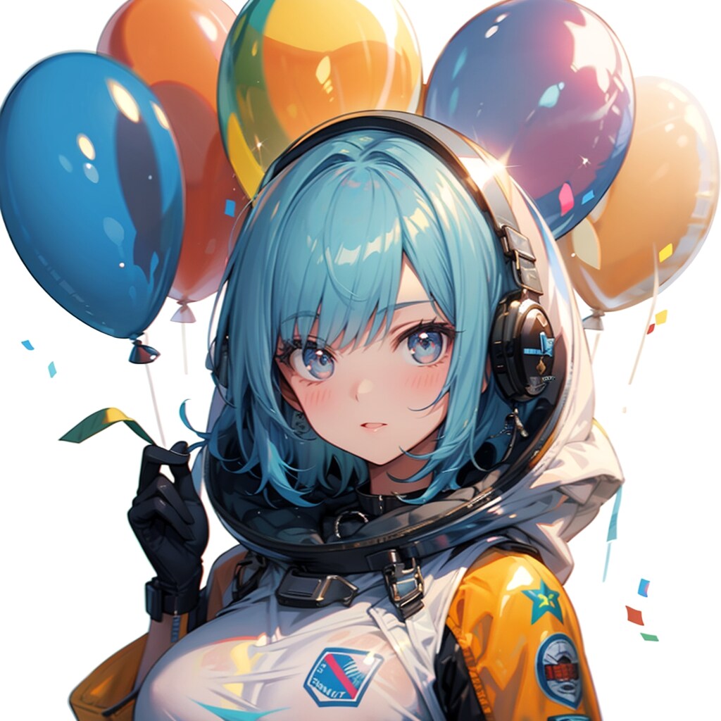 いっぱい色とりどりの風船を持つ青い髪ショートカットの宇宙服着た美女