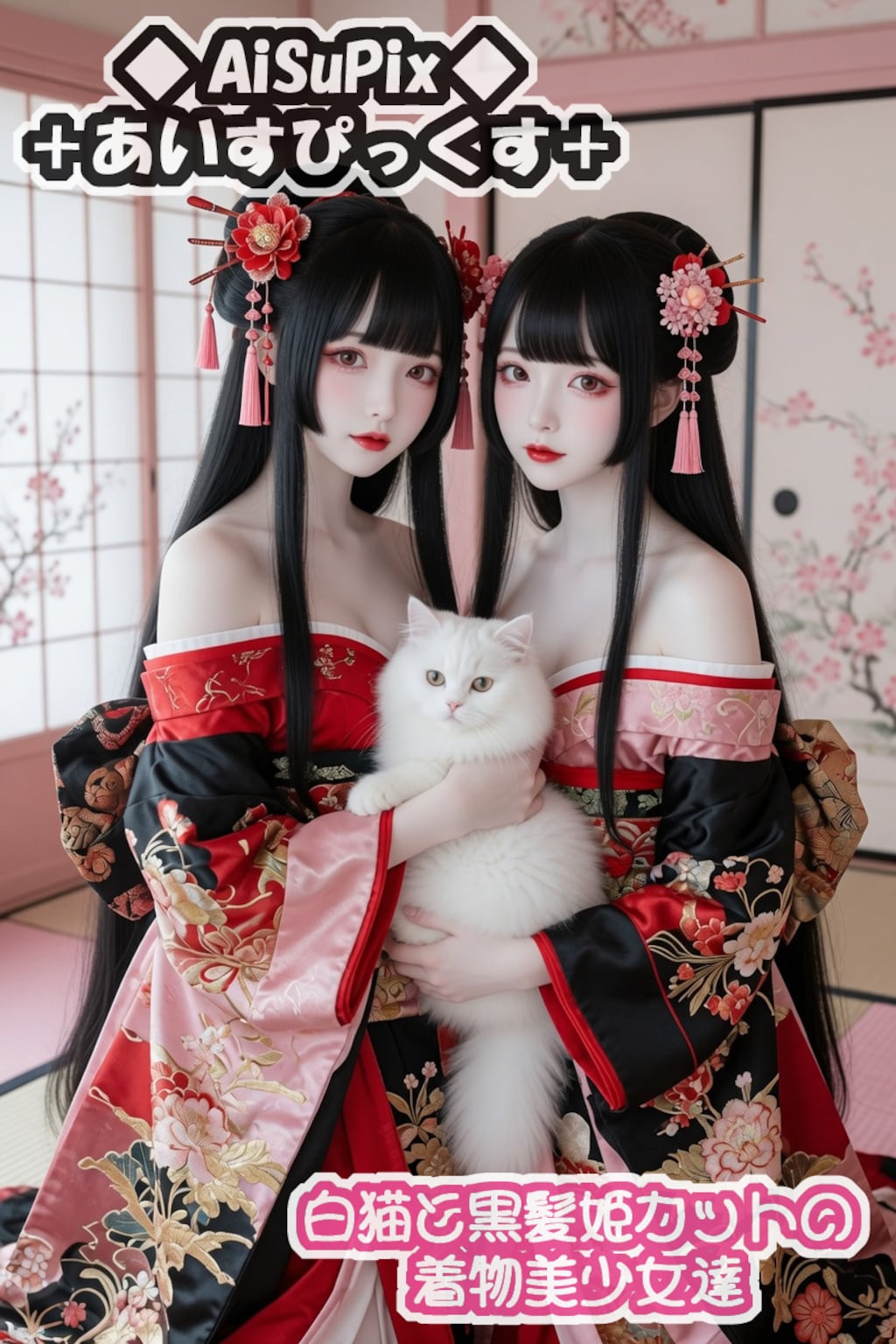 💙AiSuPix／白猫と黒髪姫カットの着物美少女達💙