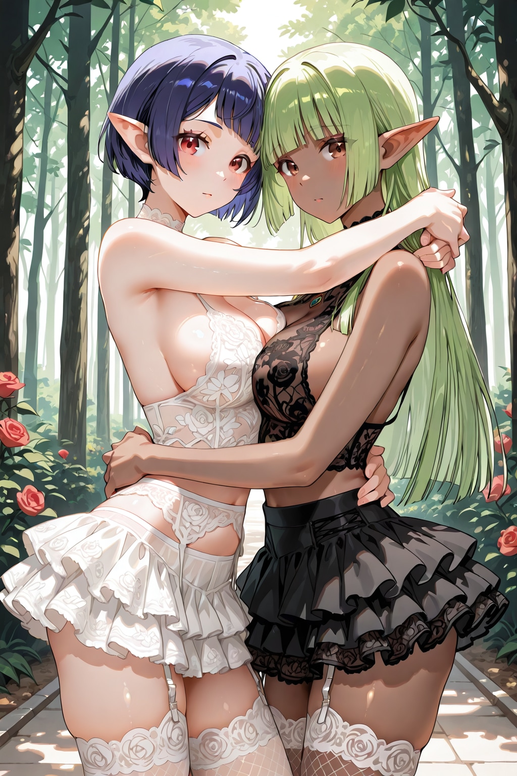 黒と白、エルフの少女たち。