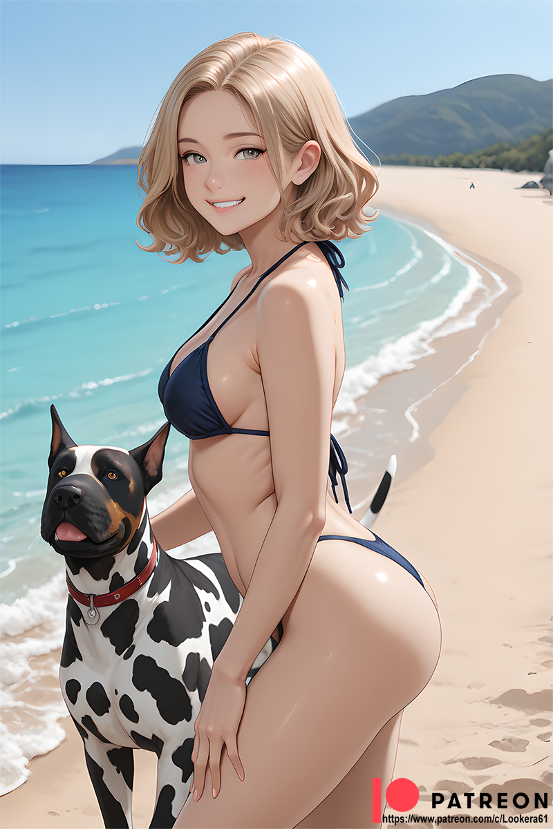 犬を連れたビーチガール
