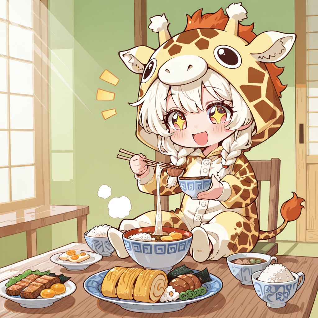 ご飯を食べるキリン着ぐるみちび子ちゃん