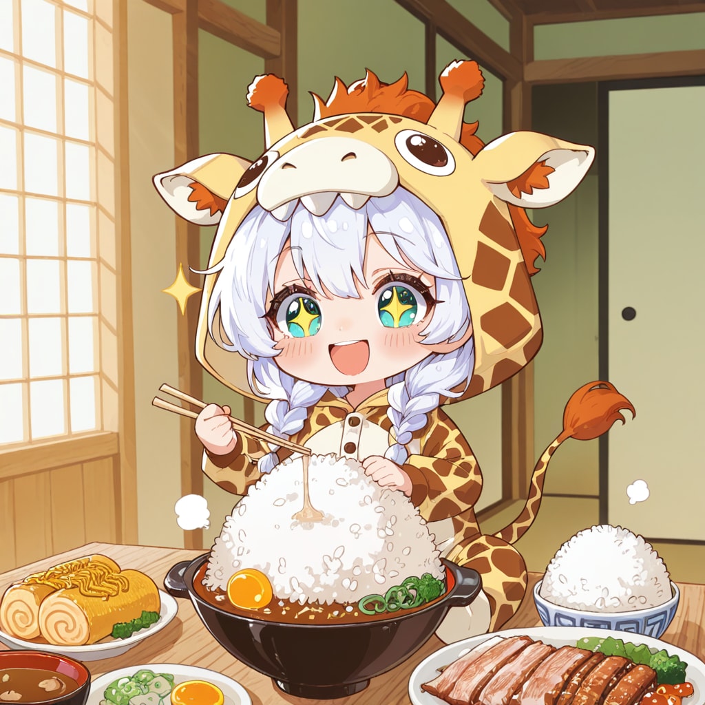ご飯を食べるキリン着ぐるみちび子ちゃん