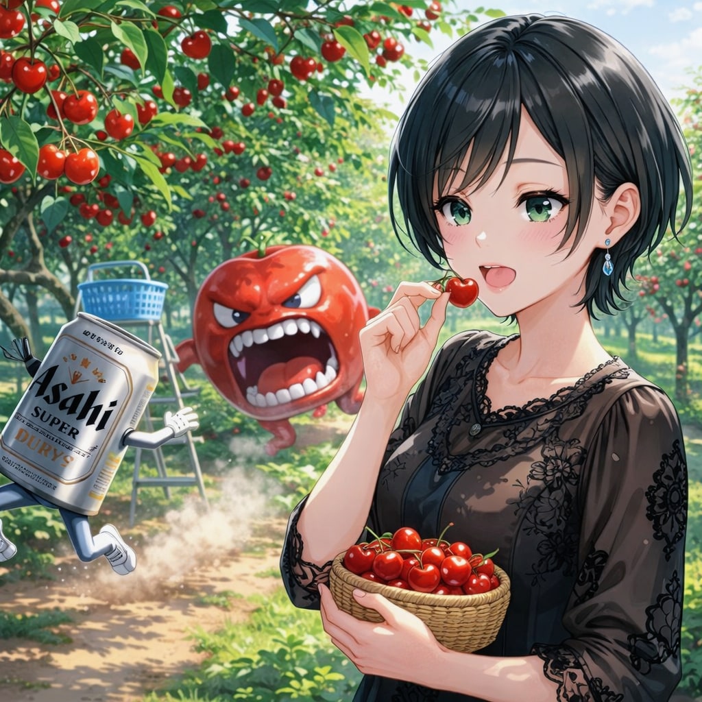 さくらんぼ狩りをする藍音ちゃん