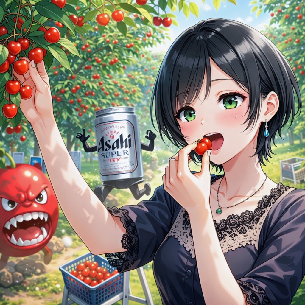 さくらんぼ狩りをする藍音ちゃん