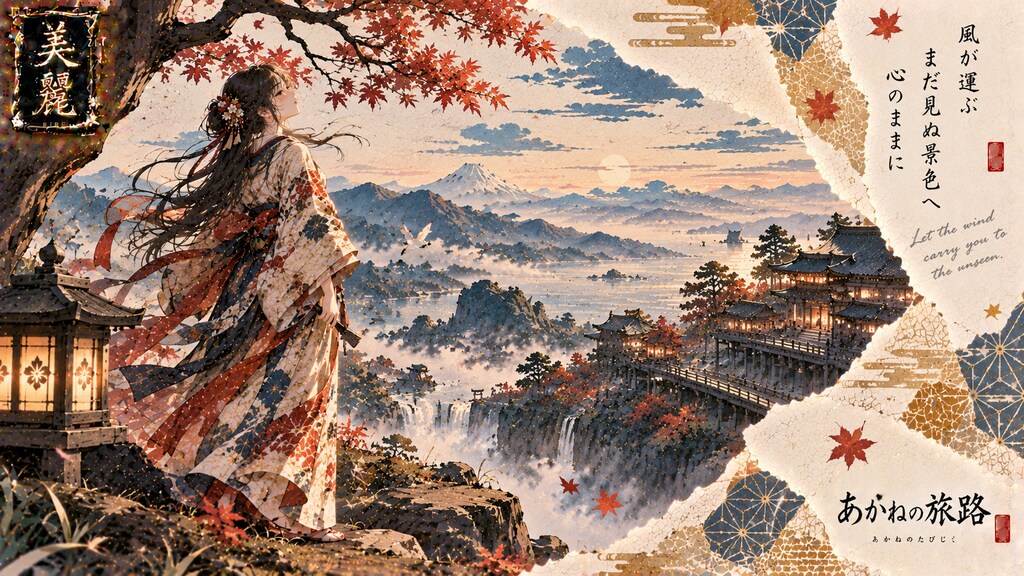 Standing beneath red maple leaves, watching the wind carry the mist toward Mount Fuji.  Let the wind