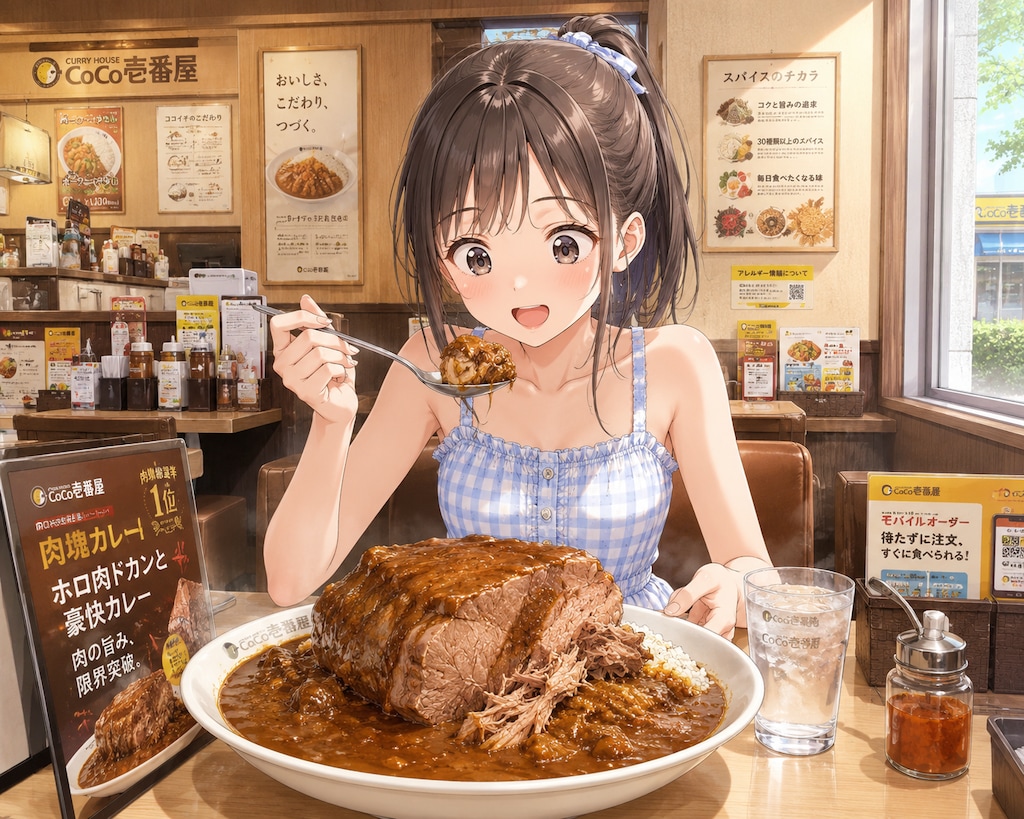 ココイチの肉塊カレーを食べている女の子