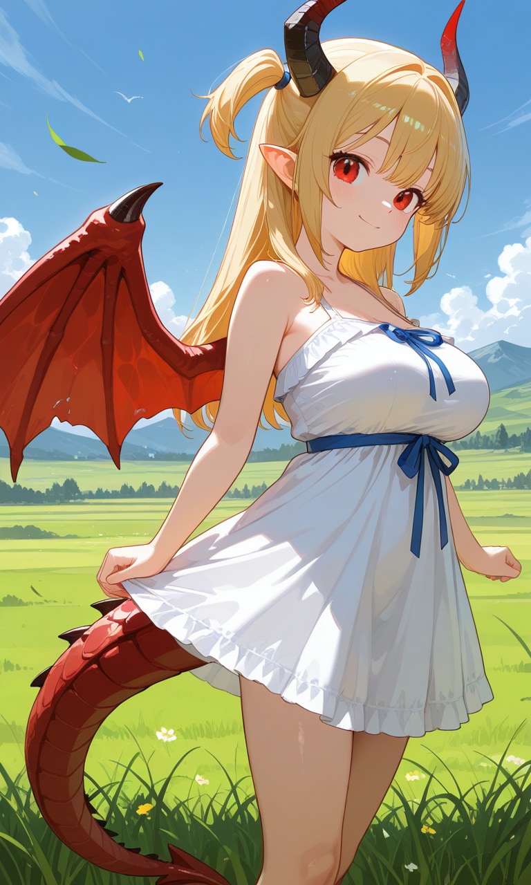夏の草原に降り立つドラゴン娘 | の人気AIイラスト・グラビア