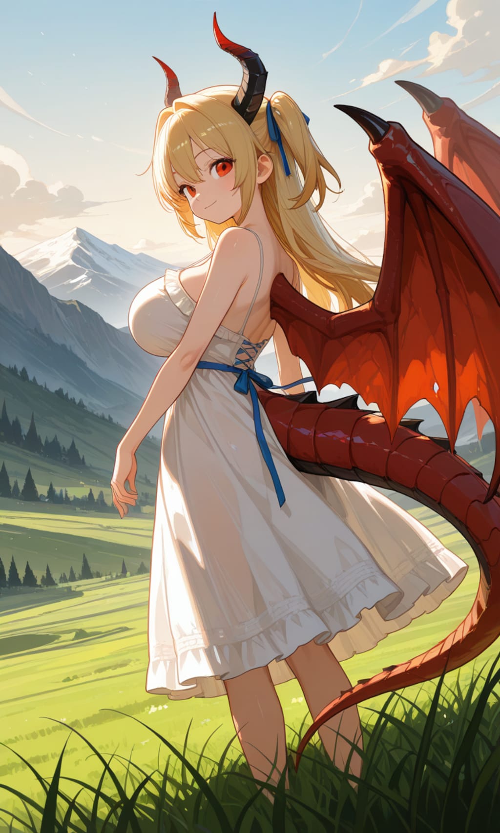 夏の草原に降り立つドラゴン娘