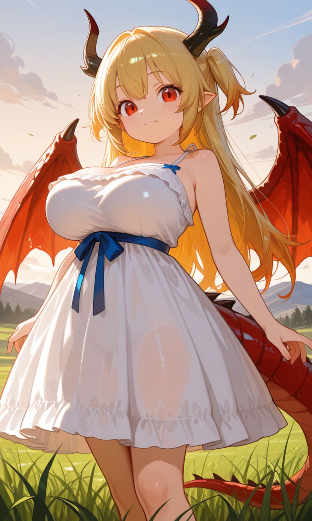 夏の草原に降り立つドラゴン娘