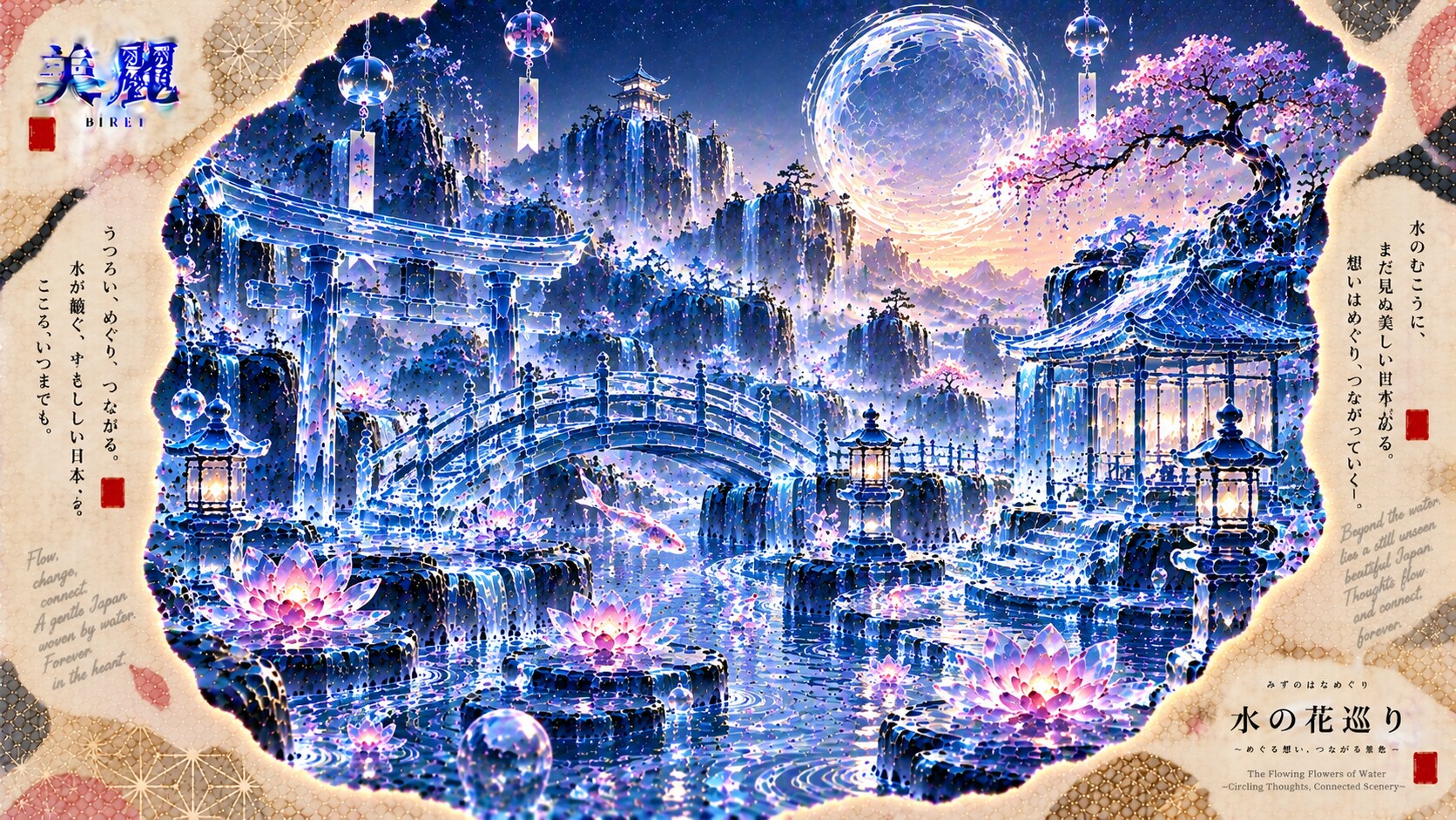 Flowing Flowers of Water  Set in a crystalline dreamscape beneath a giant radiant moon and star-lit | の人気AIイラスト・グラビア