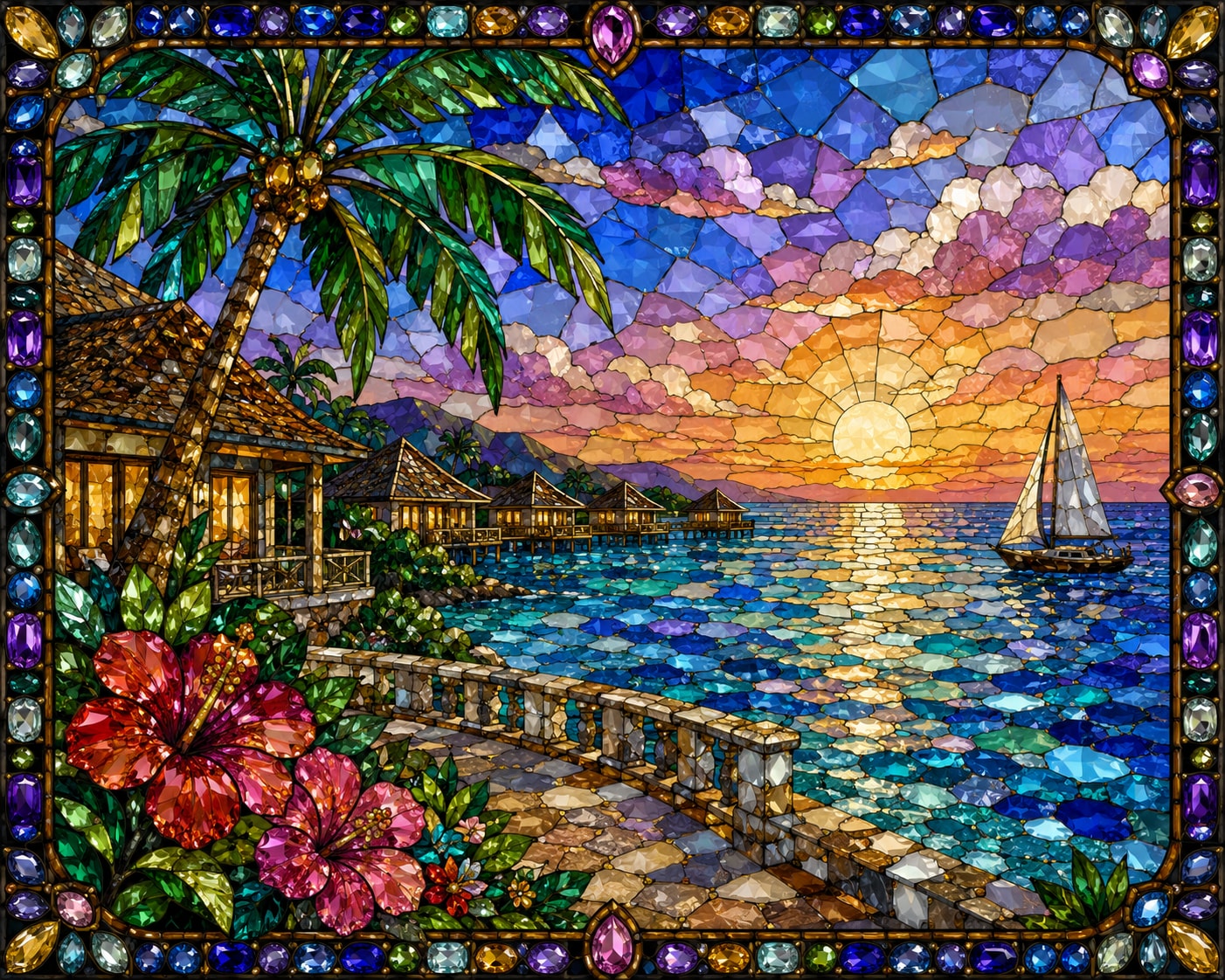 『ステンドグラスのように並べた宝石で描かれたリゾート風景画』