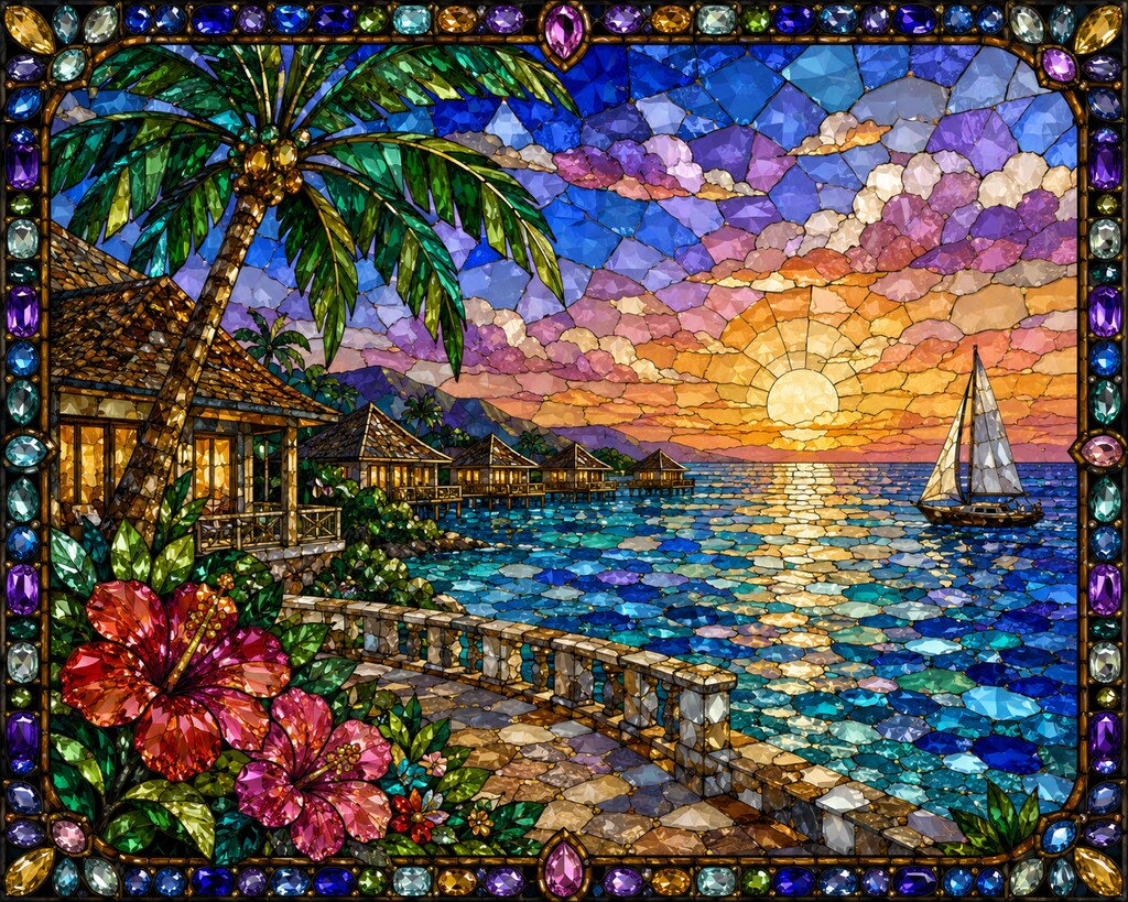 『ステンドグラスのように並べた宝石で描かれたリゾート風景画』