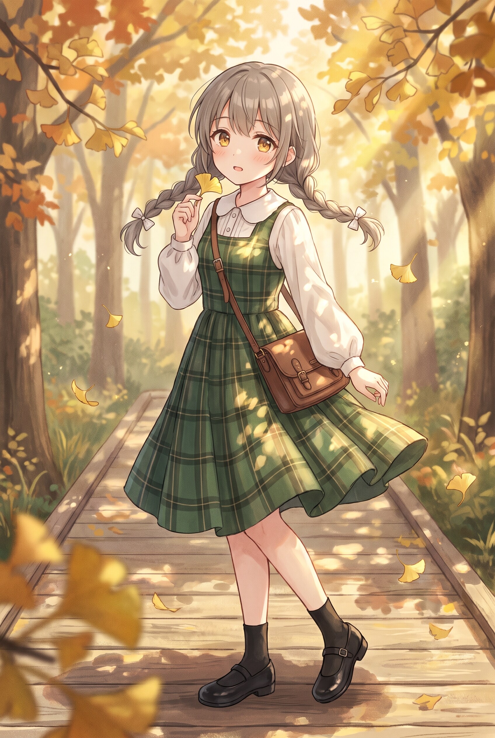 黄葉を渡る少女