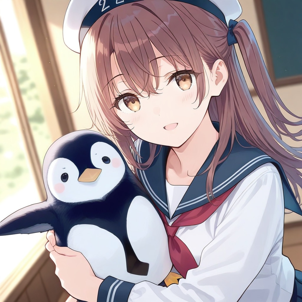 セーラーの女の子とペンギンのぬいぐるみ