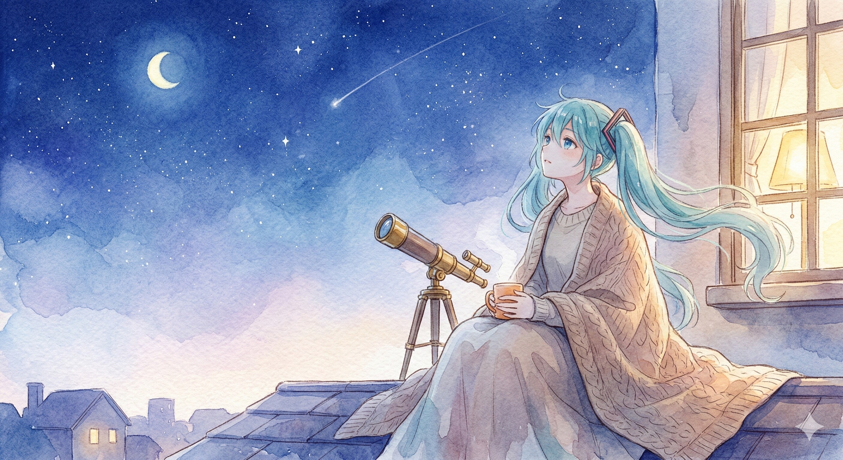 水彩画ミクさん　静寂の街を見下ろして、願いをかける夜 | の人気AIイラスト・グラビア