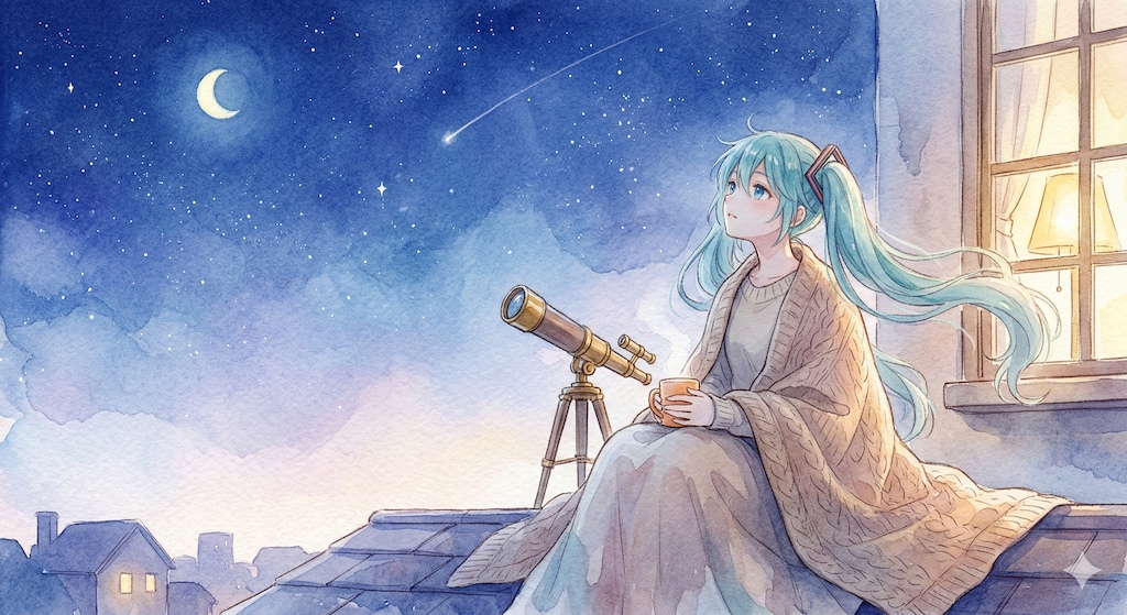 水彩画ミクさん　静寂の街を見下ろして、願いをかける夜