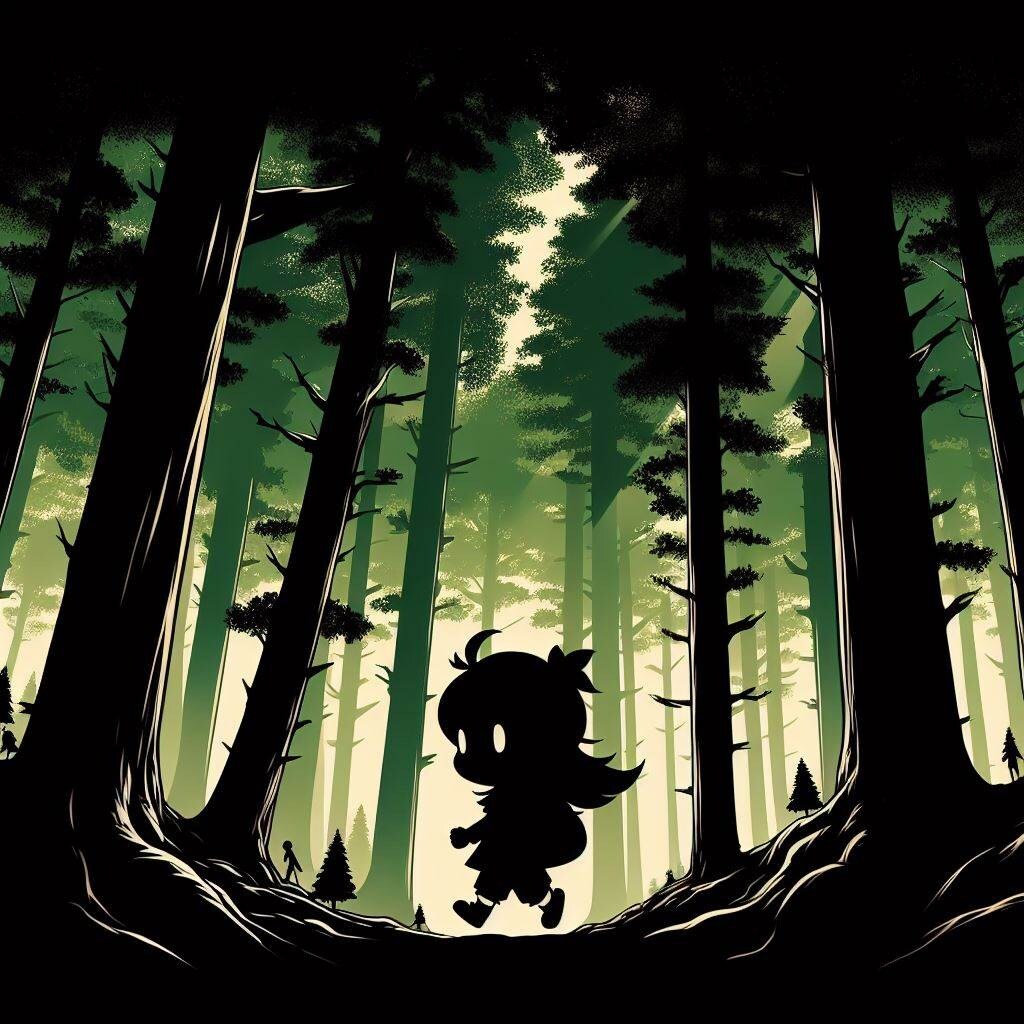 森を歩くちびちゃんのシルエットイラスト