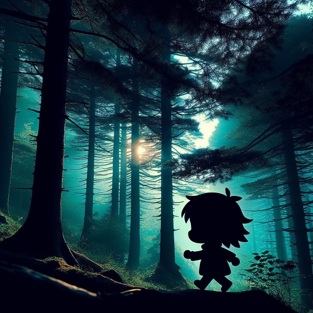 森を歩くちびちゃんのシルエットイラスト