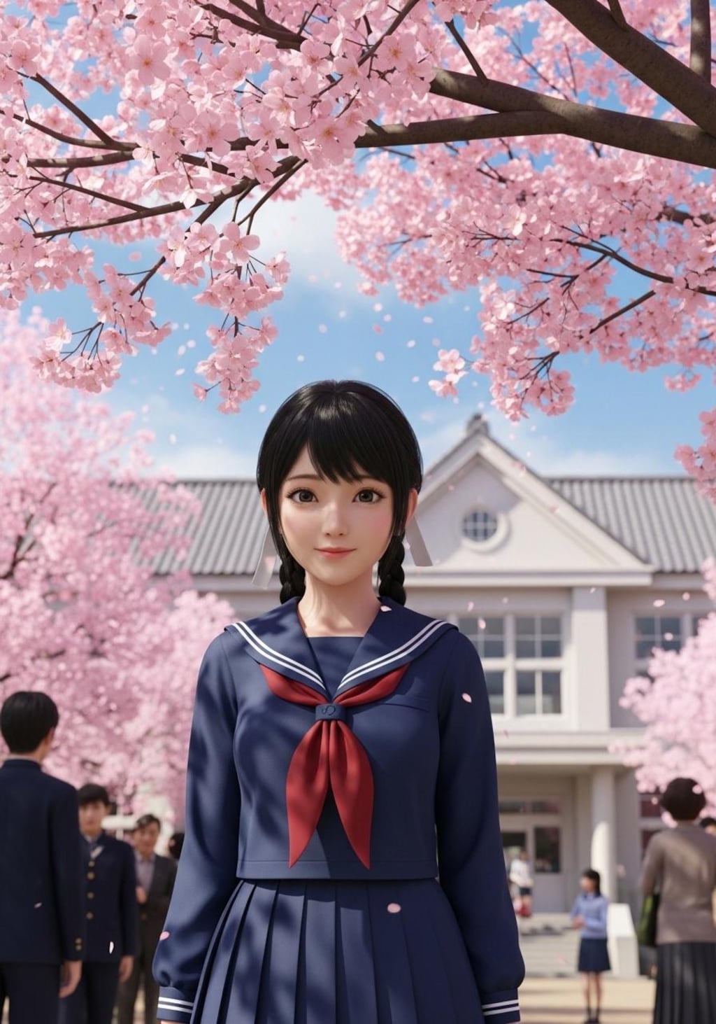 桜の前で記念撮影