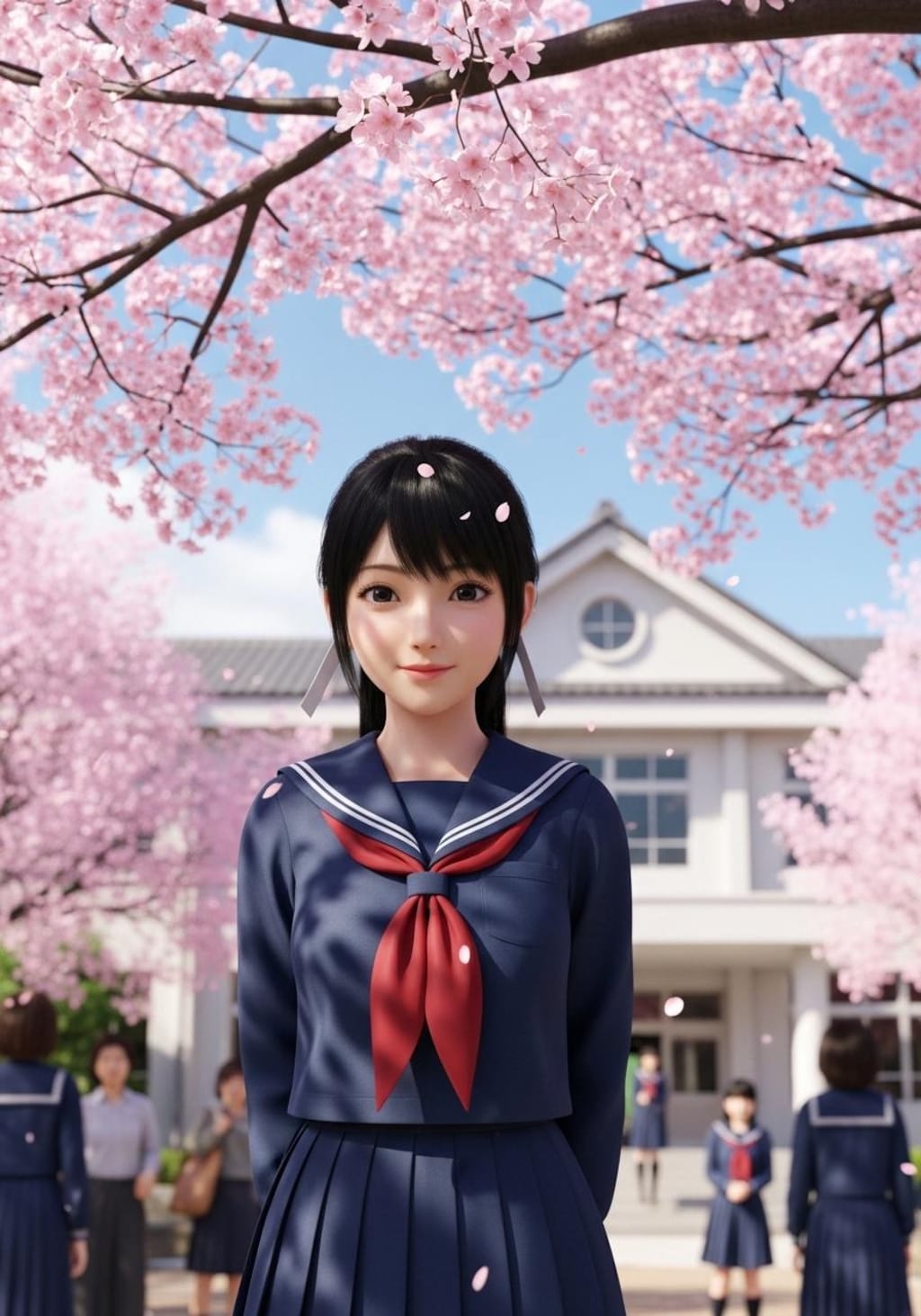 桜の前で記念撮影