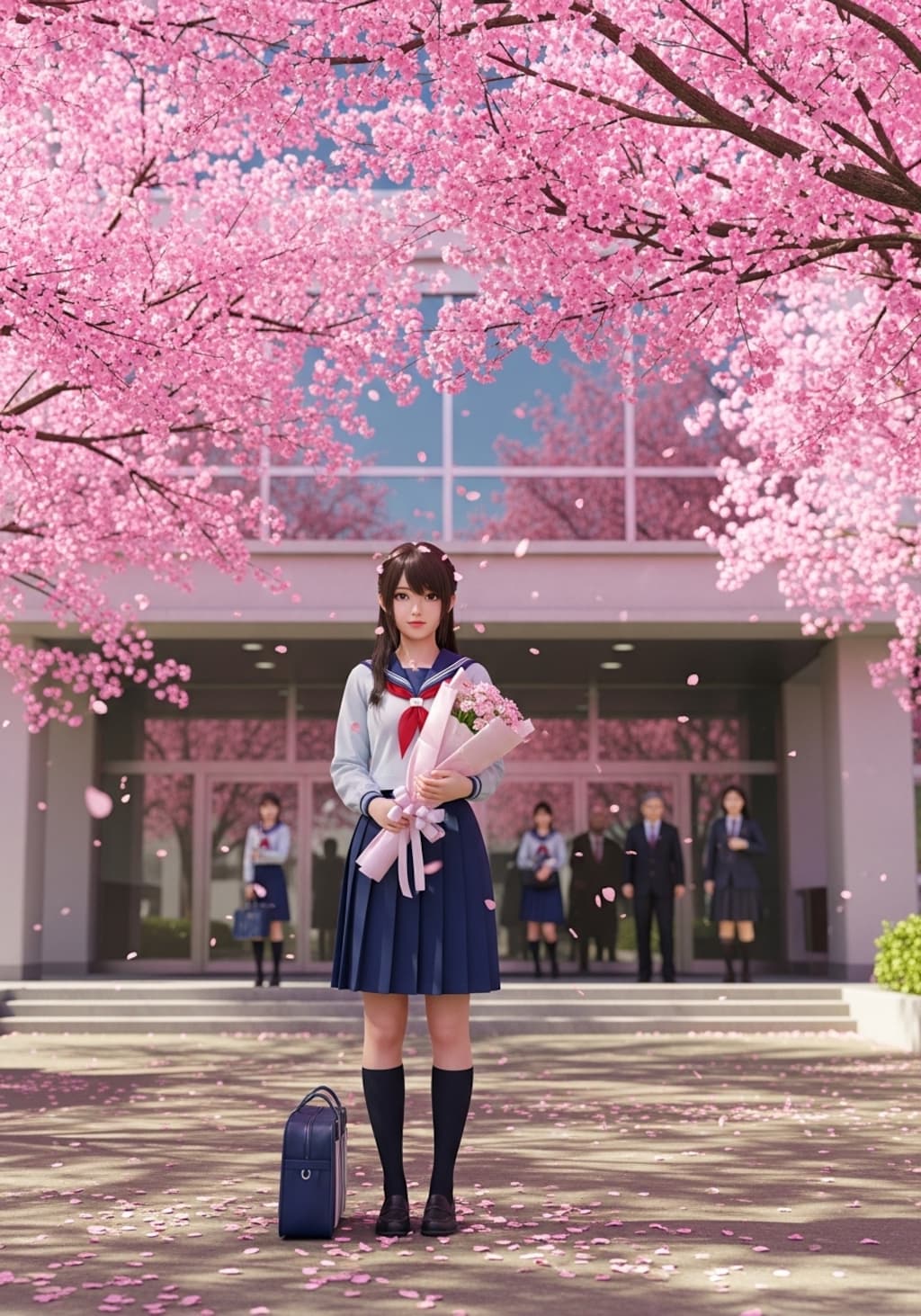 桜の前で記念撮影