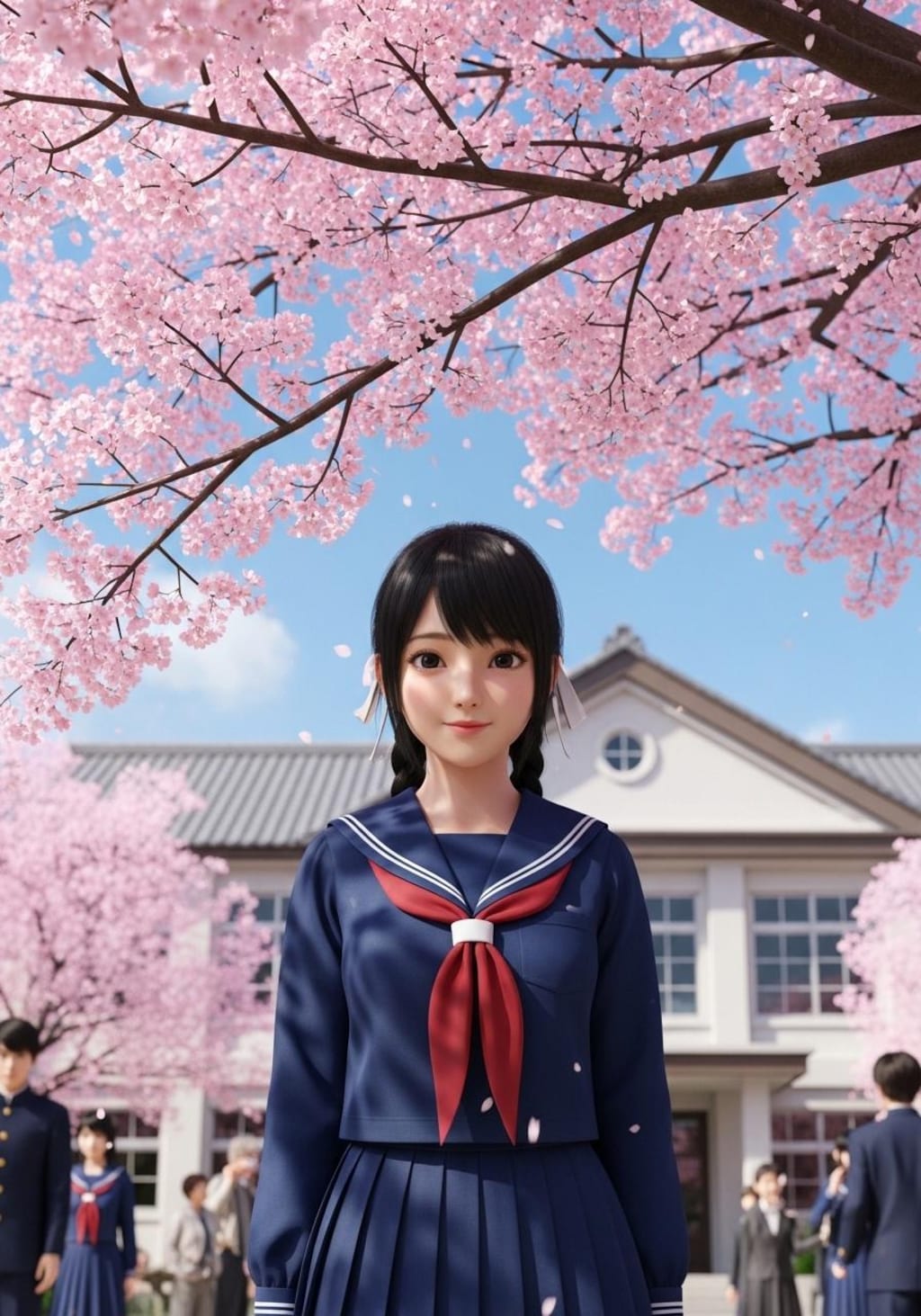 桜の前で記念撮影