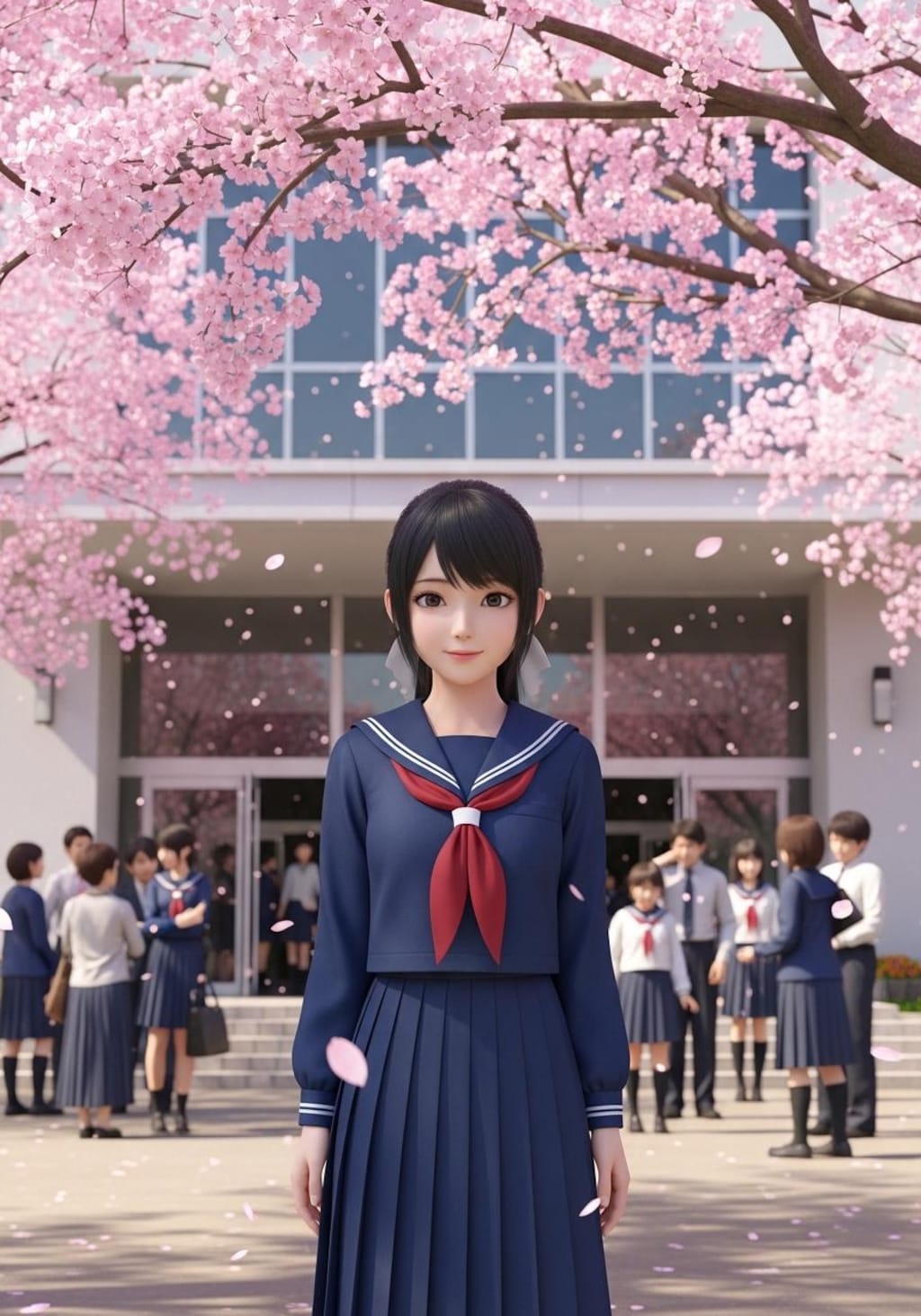 桜の前で記念撮影