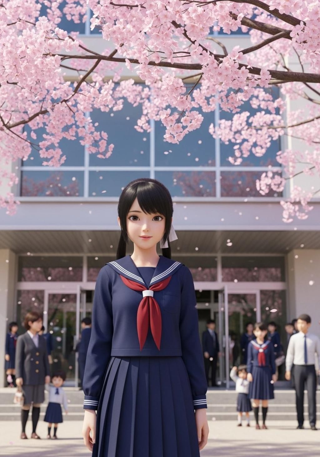 桜の前で記念撮影