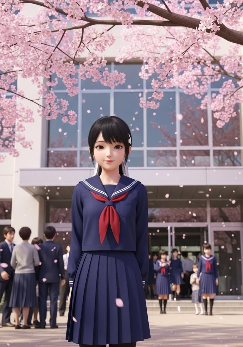 桜の前で記念撮影