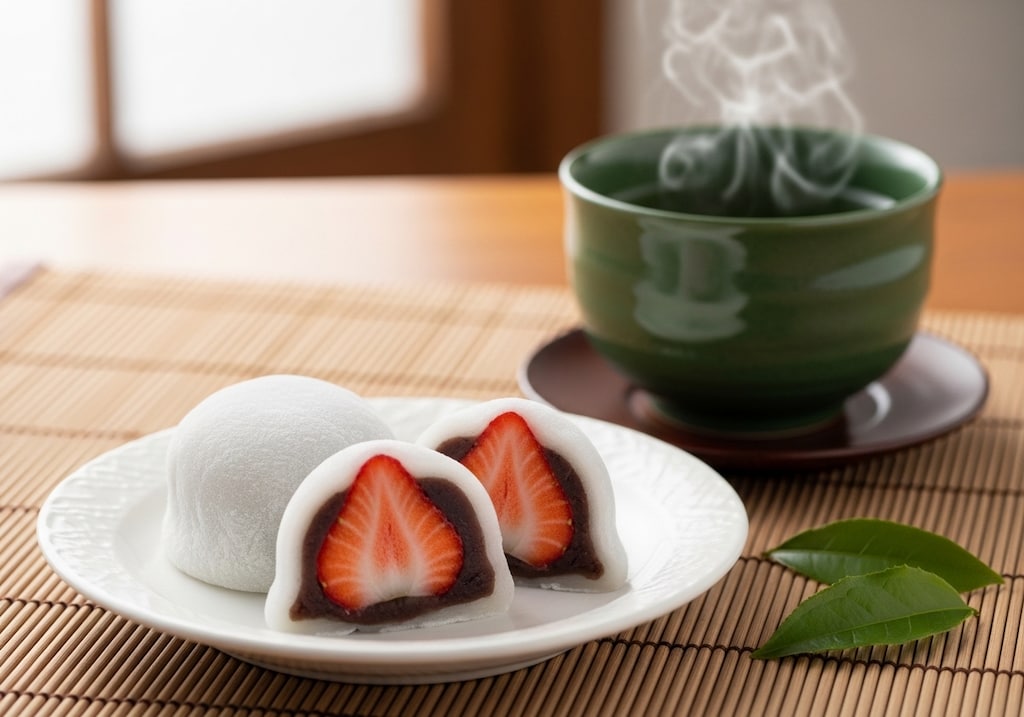 デザートの苺大福と御茶