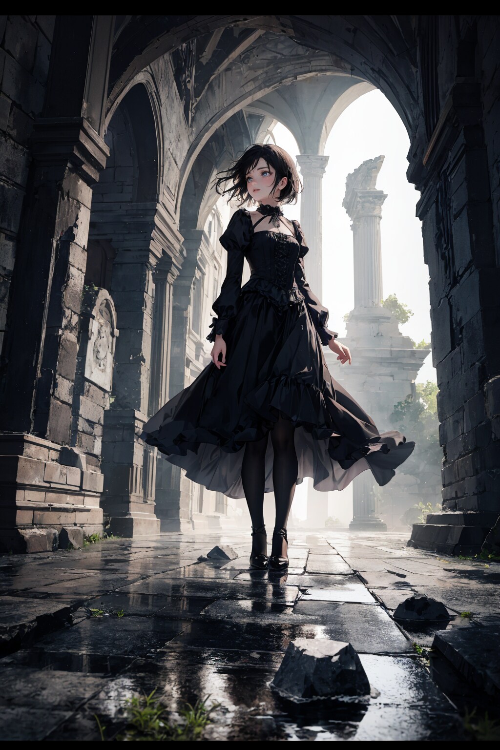 石造りの遺跡と黒ドレスの女の子