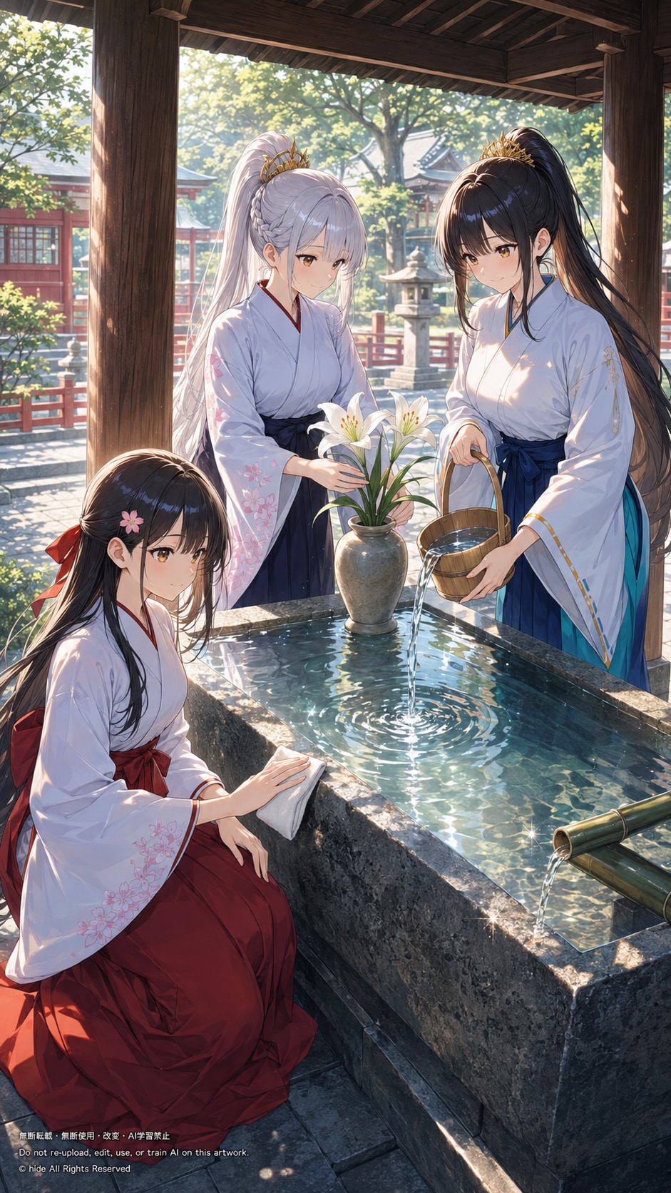 神楽さんたち、手水のそばで花を生けて | の人気AIイラスト・グラビア