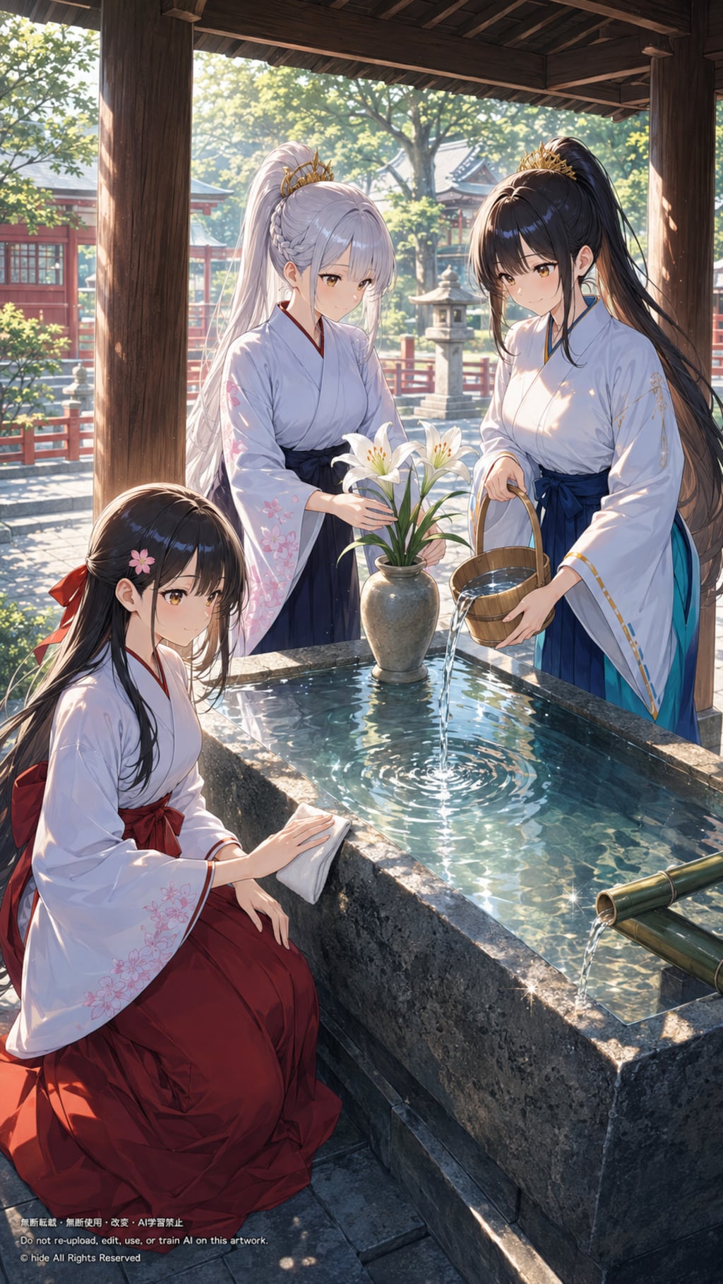 神楽さんたち、手水のそばで花を生けて