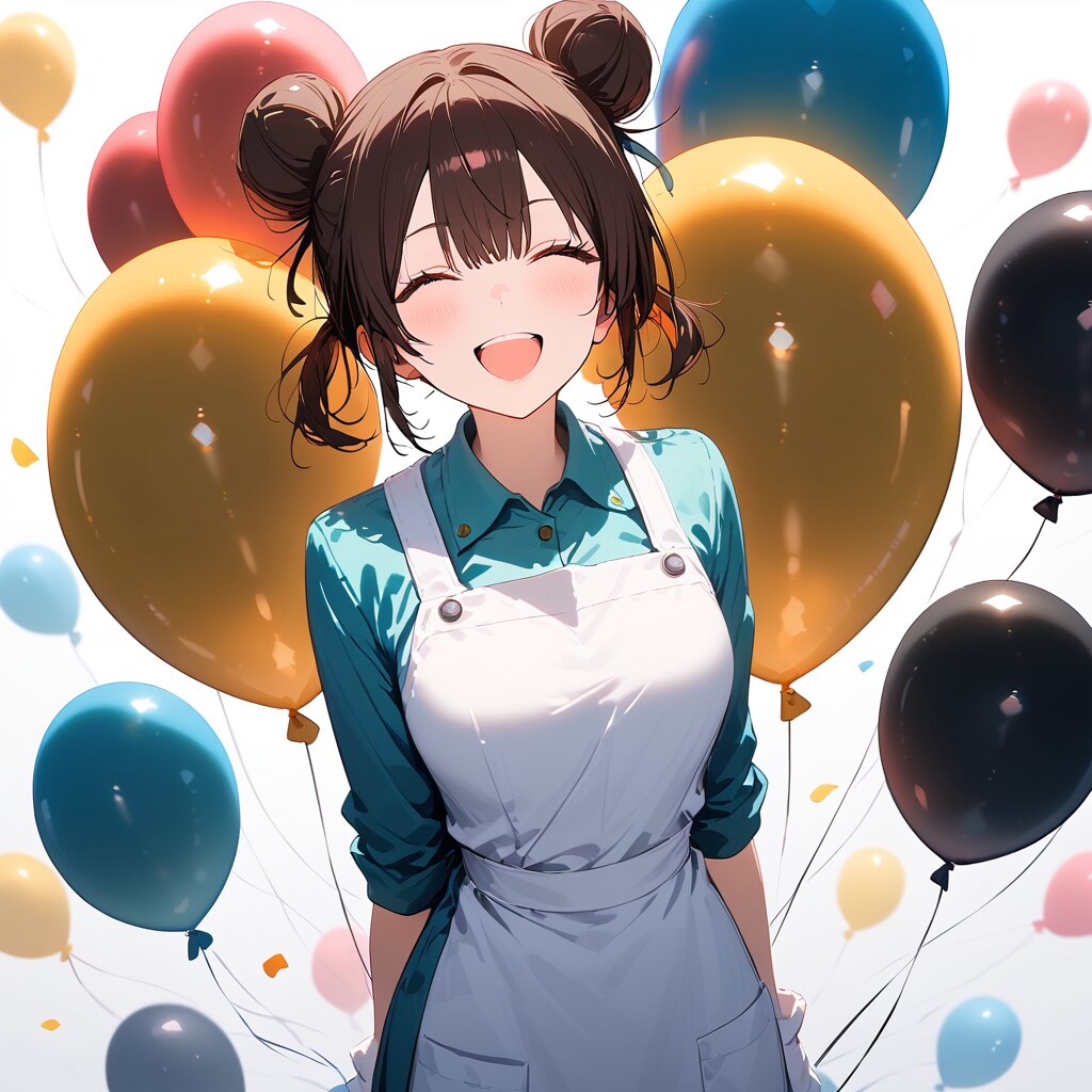 いっぱい風船を持つ黒髪お団子ヘアの歯科衛生士の美女。