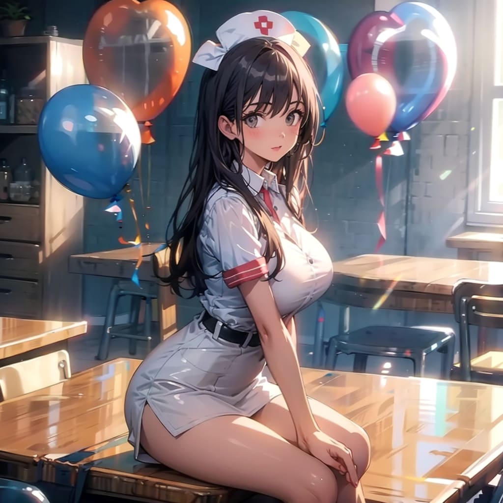 いっぱい色とりどりの風船を持つブラウンロングのナース服着た美女