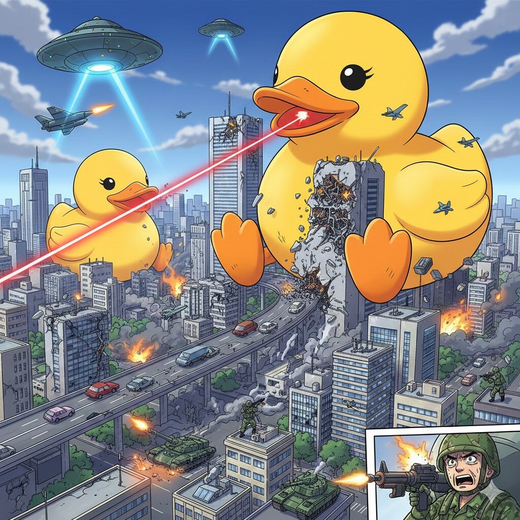 巨大なおもちゃのアヒルが攻めて来た！