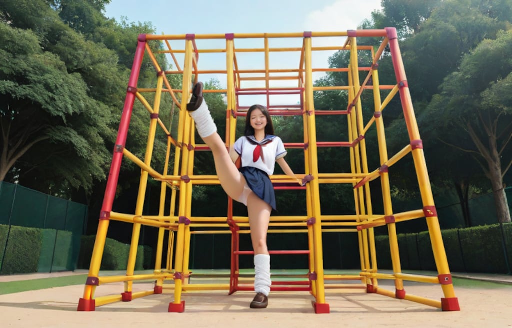 公園の遊具で遊ぶ彼女
