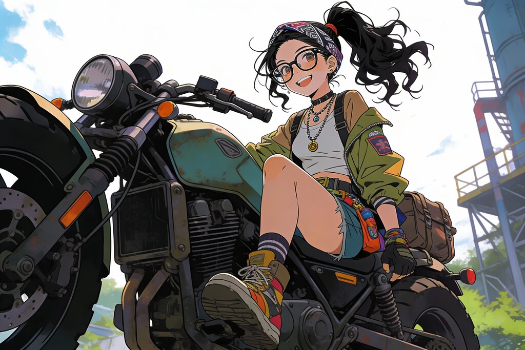 古いバイクと女の子