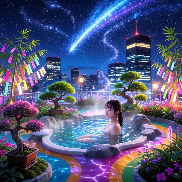 ２　七夕祭りの夜、天の川を見上げる少女