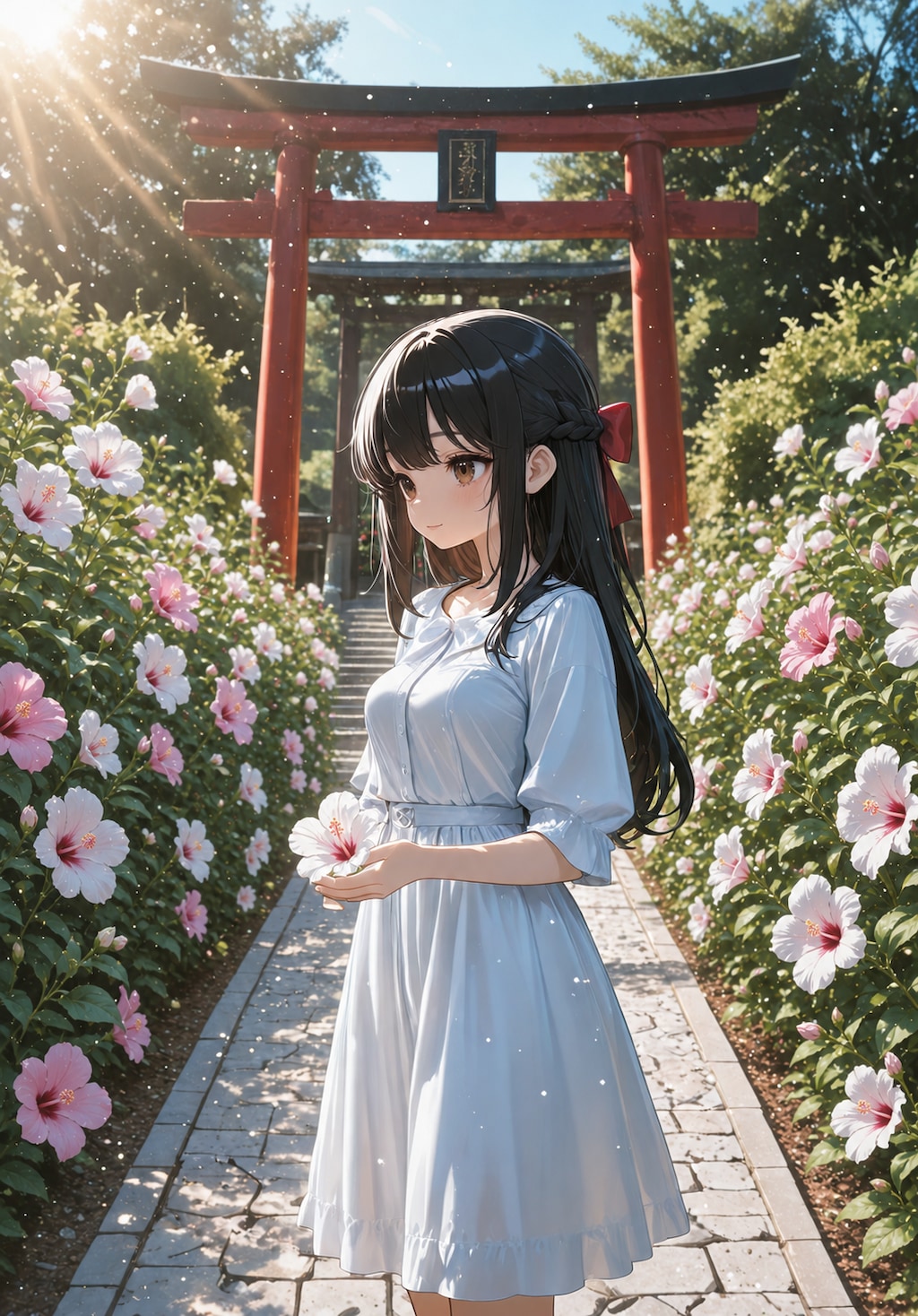 参道に咲くムクゲ