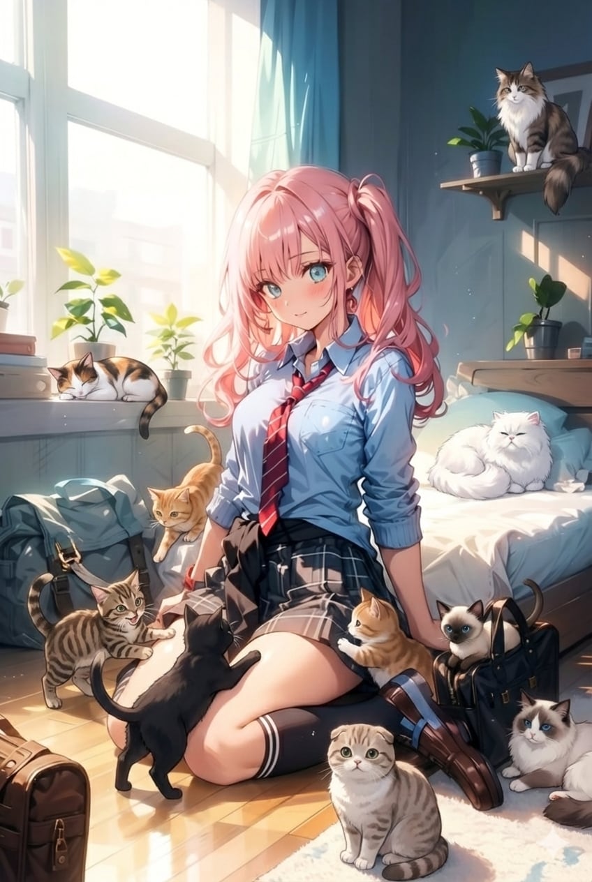 猫とピンク髪ちゃん | の人気AIイラスト・グラビア