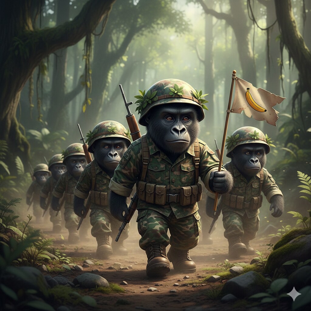 迷彩服を着たかわいいゴリラ軍の進軍