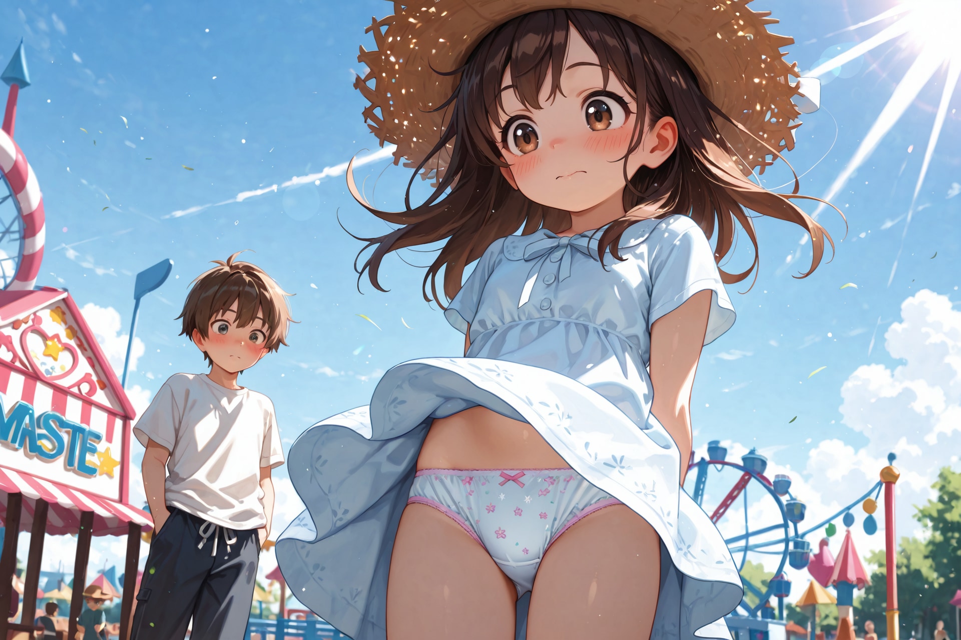 ちちぷい観光特区で出会った女の子のスカートが強風で捲れ上がる。